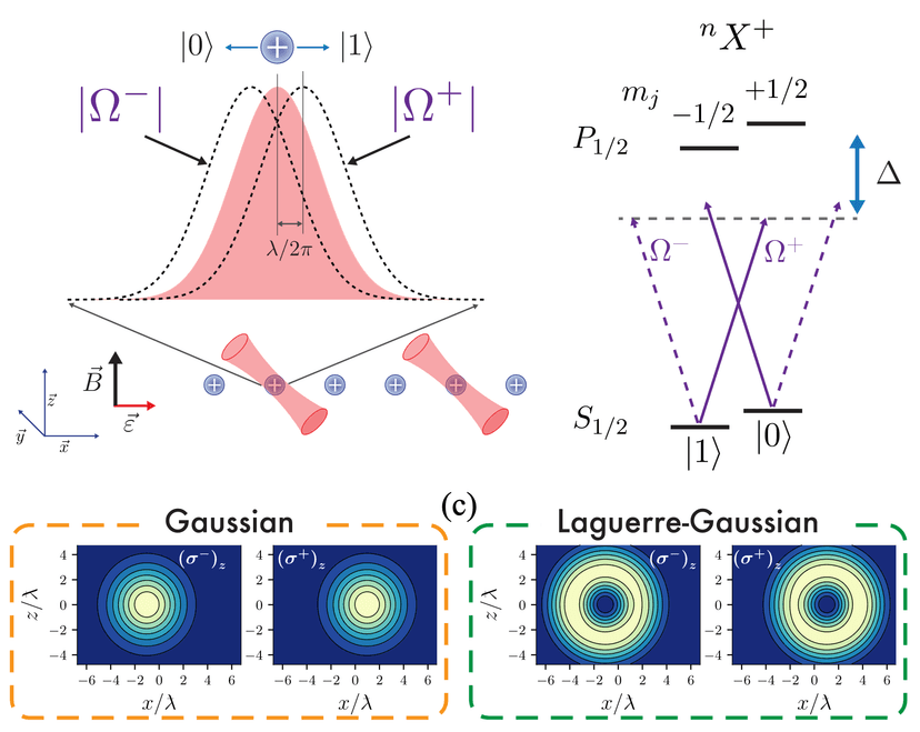 Trapped ions quantum logic gate with optical tweezers and the Magnus effect